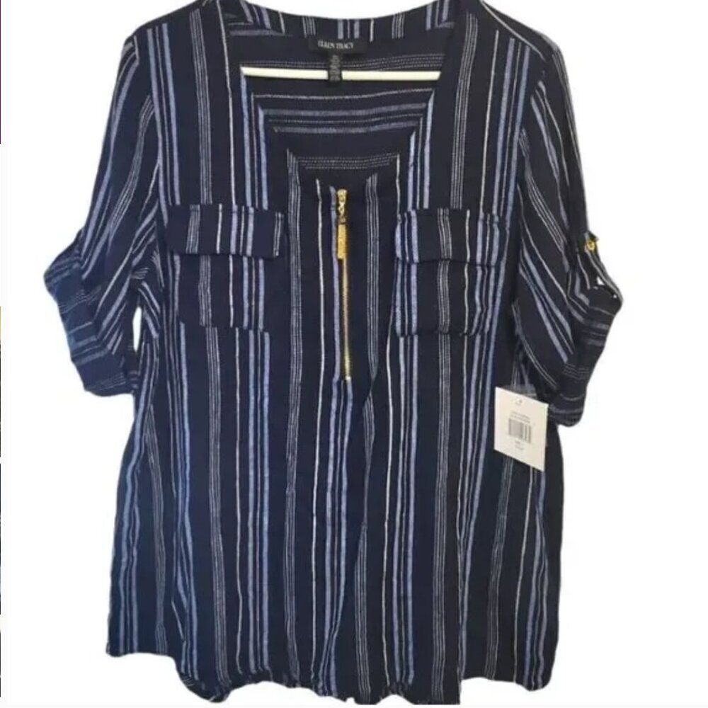 Ellen Tracy Navy and White Linen Blend Tunic Size Large NWT - Picture 2 of 8